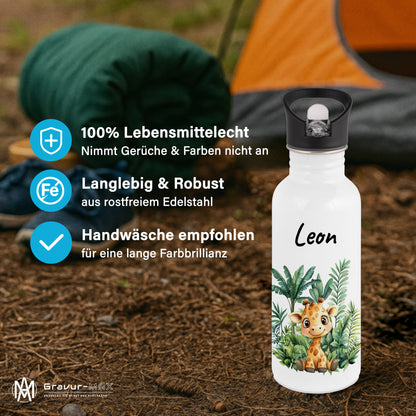 Trinkflasche mit Strohhalm in Weiß 600ml bedruckt mit Dschungel Tieren"Giraffe" personalisierbar für Kinder mit Wunschname aus Edelstahl