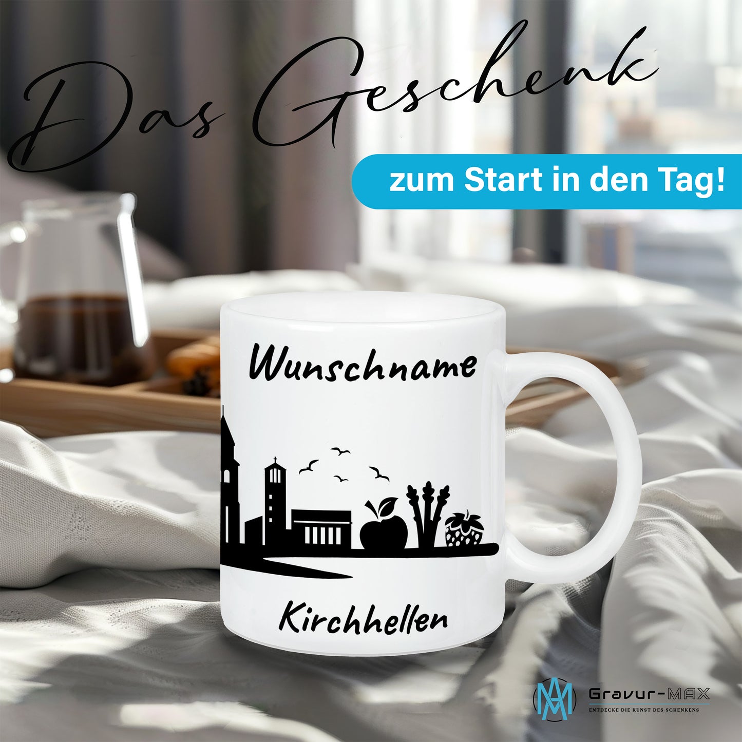Tasse in Weiß 330ml bedruckt mit der Skyline von Kirchhellen personalisierbar mit Wunschname