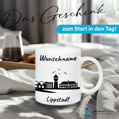 Tasse in Weiß 330ml bedruckt mit der Skyline von Lippstadt personalisierbar mit Wunschname
