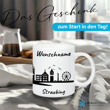 Tasse in Weiß 330ml bedruckt mit der Skyline von Straubing personalisierbar mit Wunschname