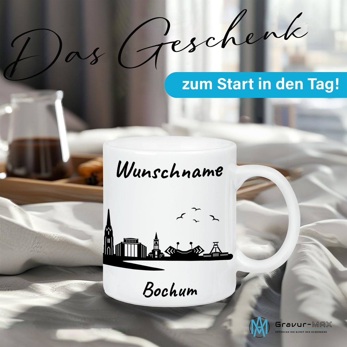 Tasse in Weiß 330ml bedruckt mit der Skyline von Bochum personalisierbar mit Wunschname