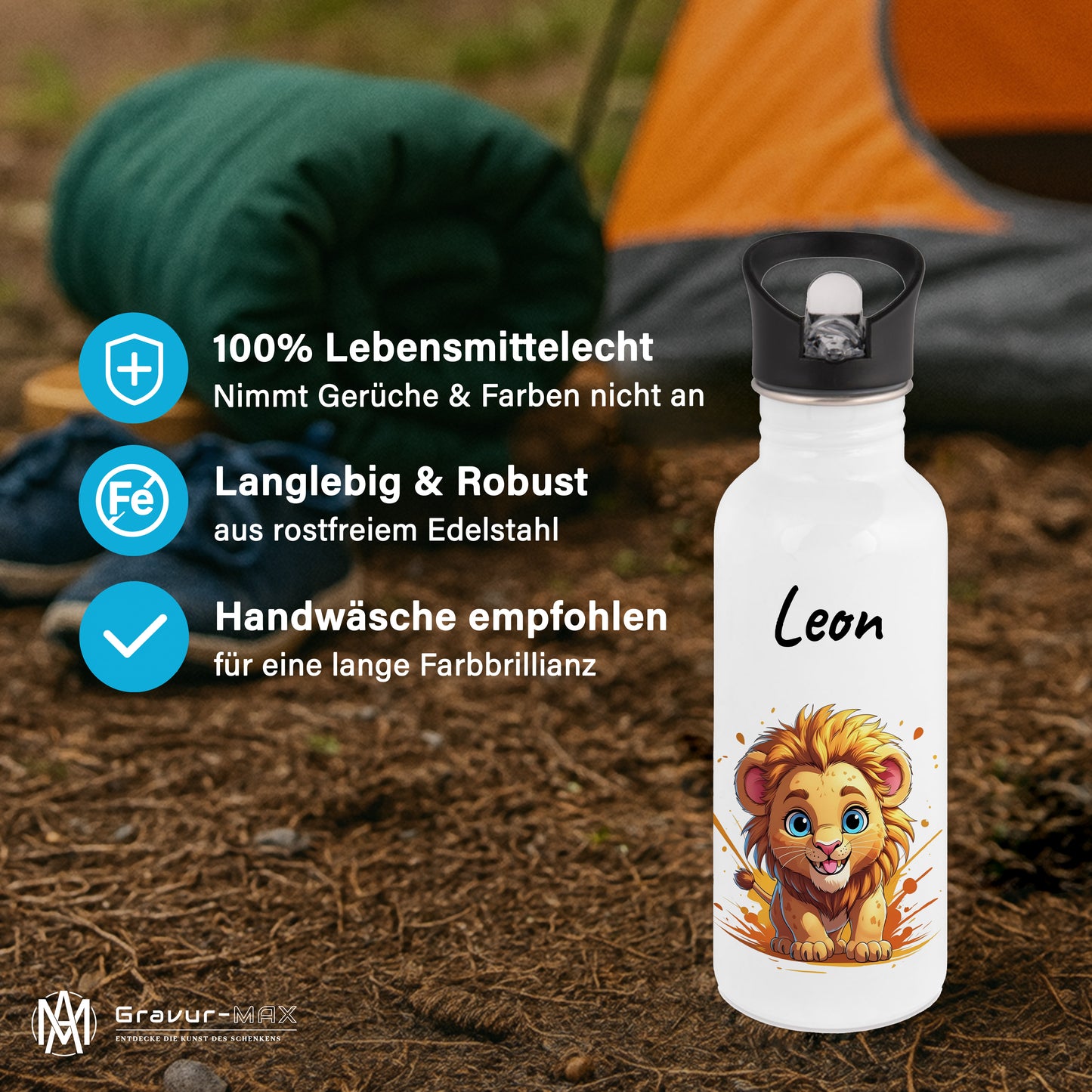 Trinkflasche mit Strohhalm in Weiß 600ml bedruckt mit niedlichen Tieren"Löwe" personalisierbar für Kinder mit Wunschname aus Edelstahl