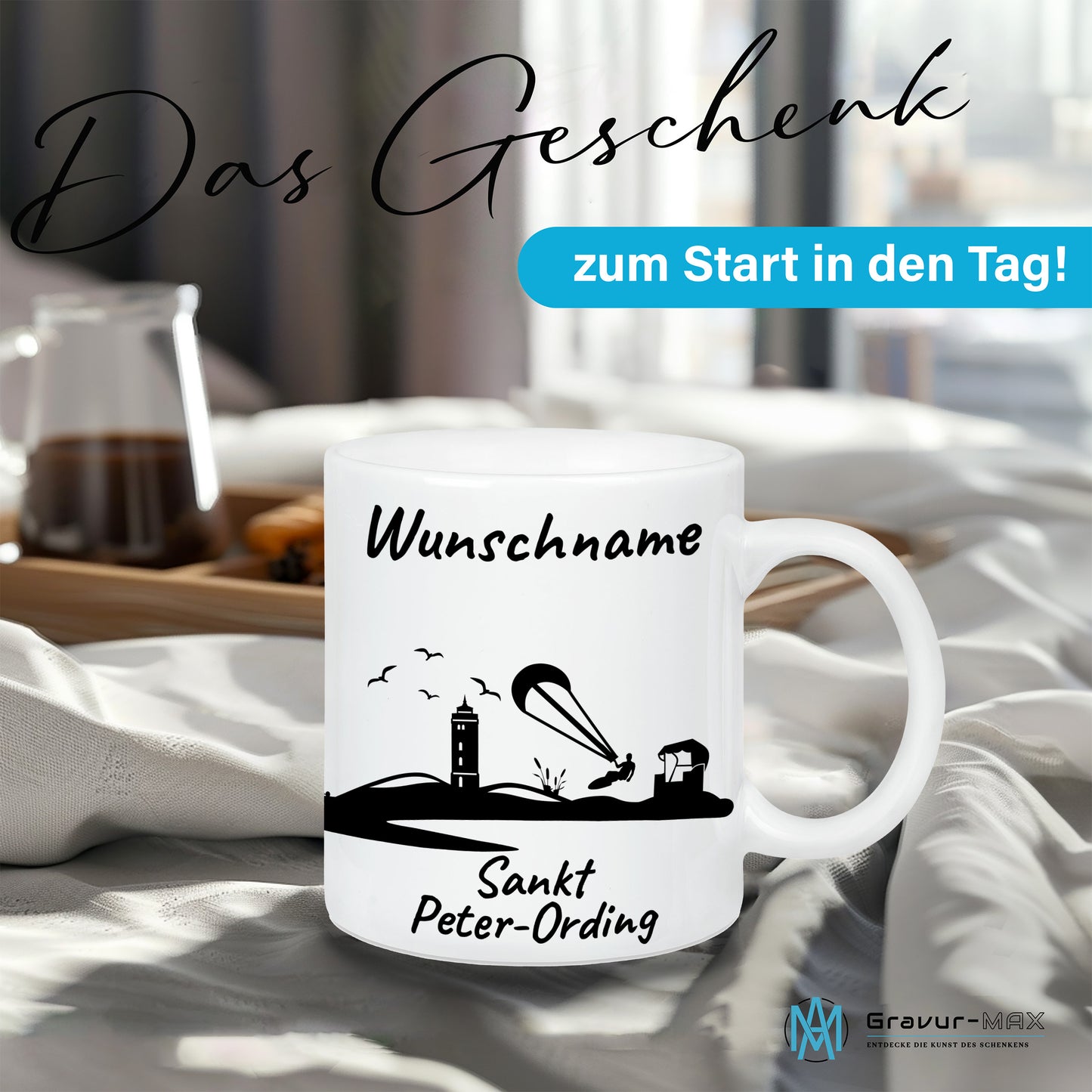 Tasse in Weiß 330ml bedruckt mit der Skyline von Sankt Peter-Ording personalisierbar mit Wunschname