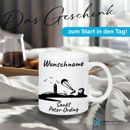 Tasse in Weiß 330ml bedruckt mit der Skyline von Sankt Peter-Ording personalisierbar mit Wunschname