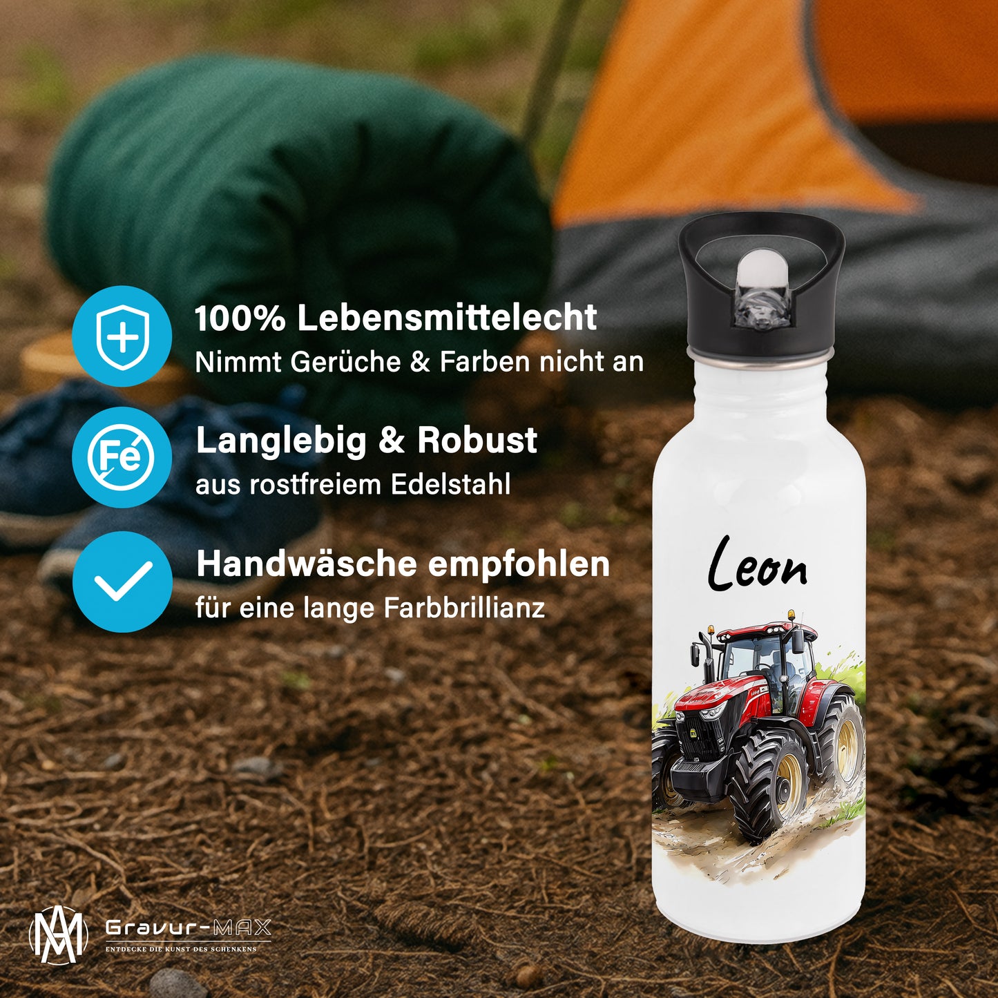 Trinkflasche mit Strohhalm in Weiß 600ml bedruckt mit tollen Motiven für Kinder "Traktor" personalisierbar für Kinder mit Wunschname aus Edelstahl