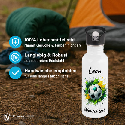 Trinkflasche mit Strohhalm in Weiß 600ml bedruckt mit Fußball Motiven"Motiv11" personalisierbar für Kinder mit Wunschname aus Edelstahl