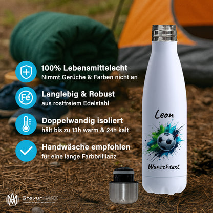 Thermoflasche 500ml in Weiß aus Edelstahl bedruckt "Fußball" Motiv8 personalisierbar mit Wunschname & Text