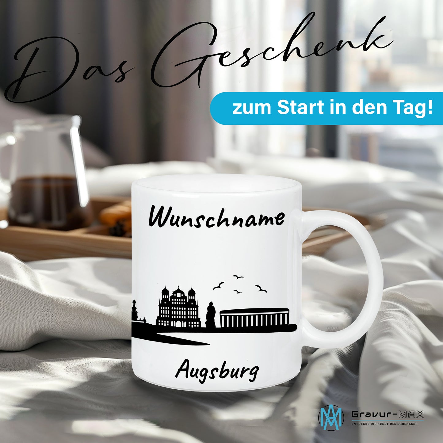 Tasse in Weiß 330ml bedruckt mit der Skyline von Augsburg personalisierbar mit Wunschname
