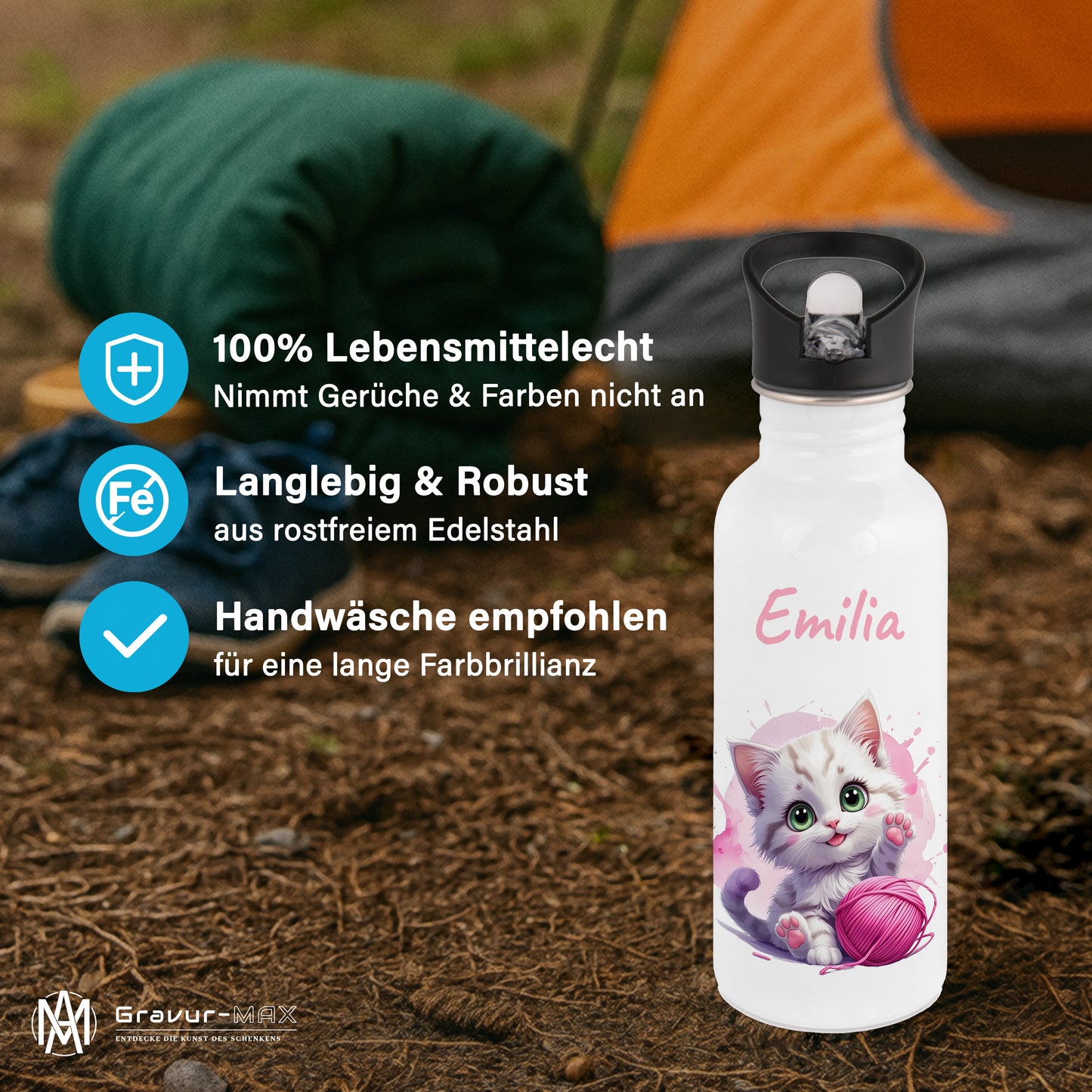 Trinkflasche mit Strohhalm in Weiß 600ml bedruckt mit niedlichen Tieren"Katze" personalisierbar für Kinder mit Wunschname aus Edelstahl