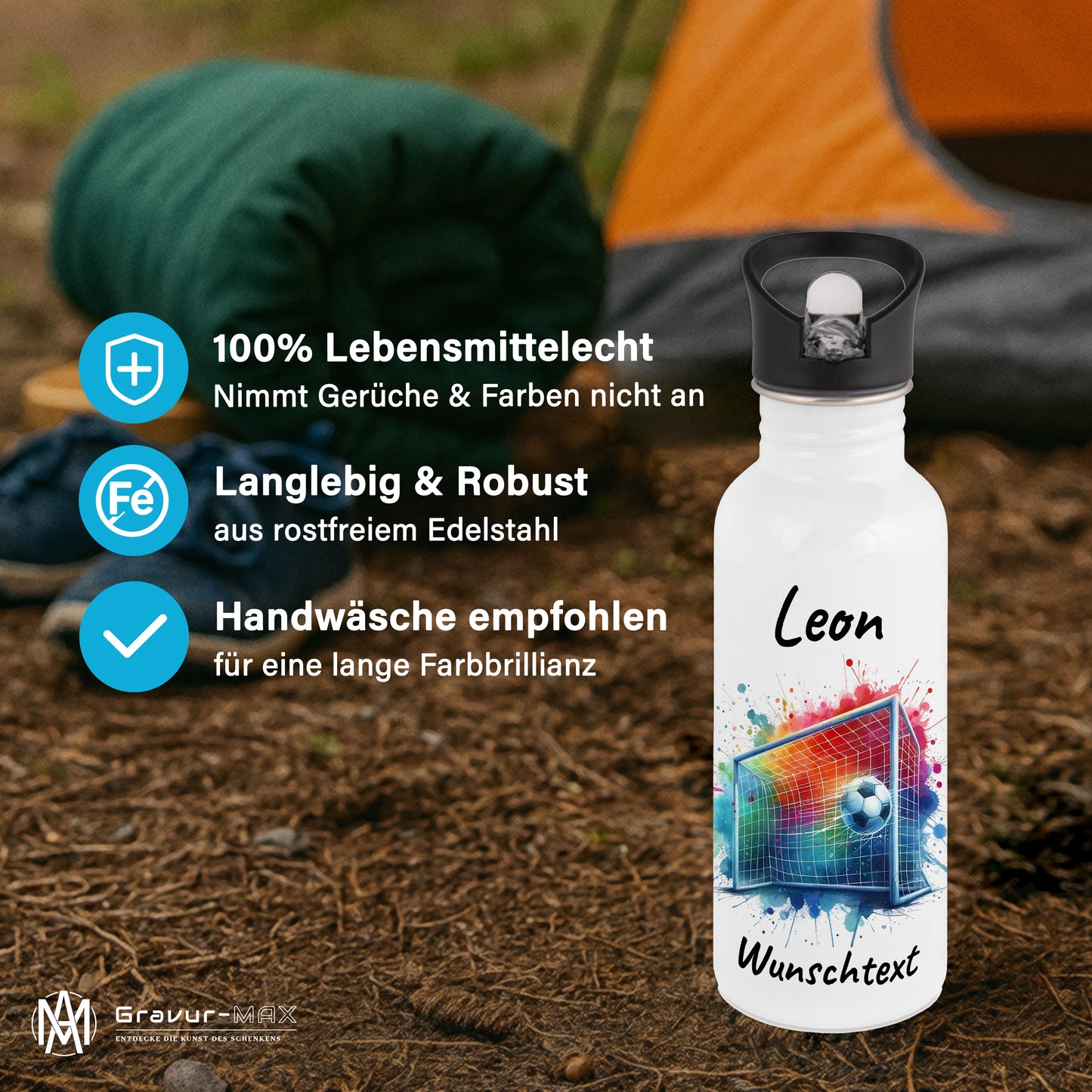 Trinkflasche mit Strohhalm in Weiß 600ml bedruckt mit Fußball Motiven"Motiv5" personalisierbar für Kinder mit Wunschname aus Edelstahl