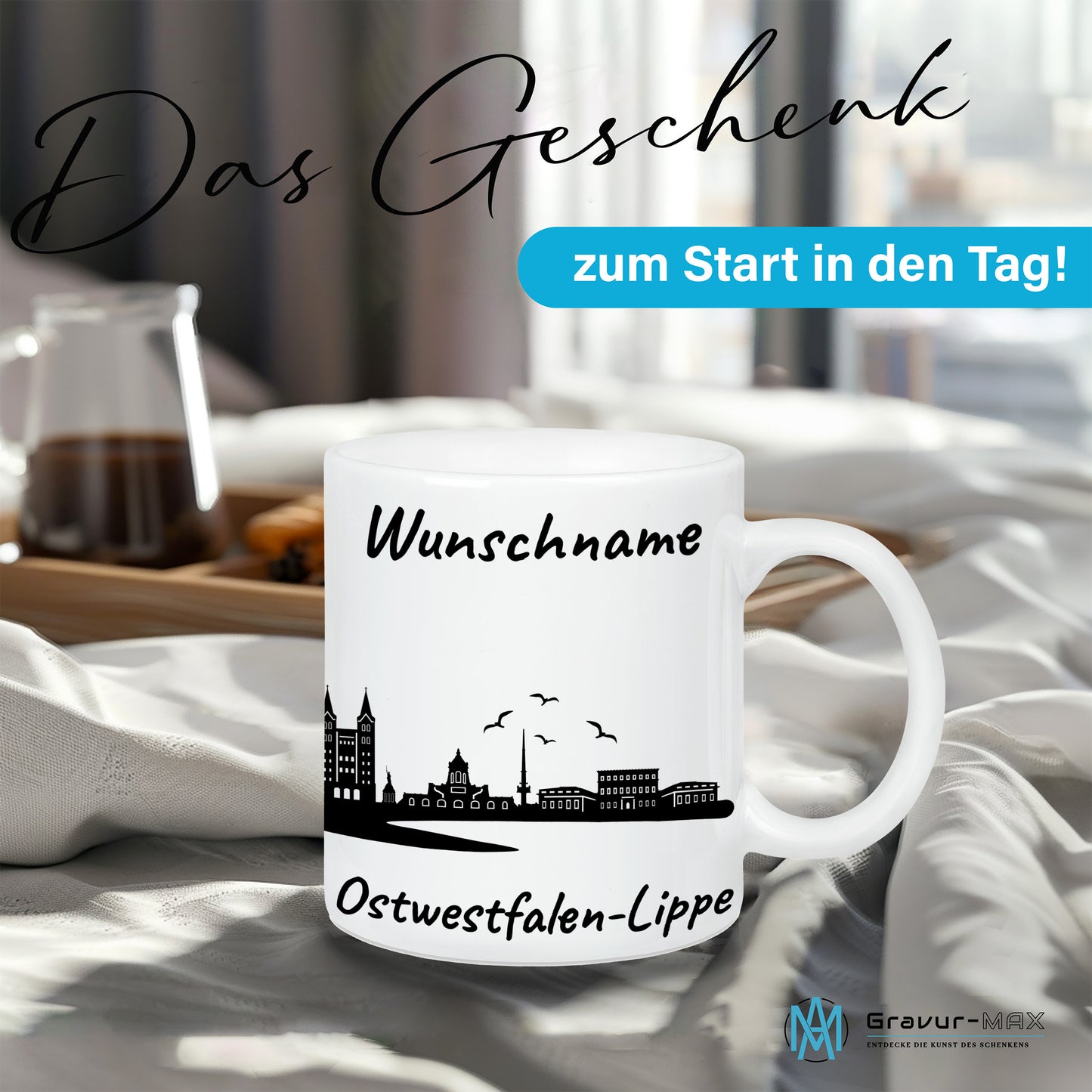 Tasse in Weiß 330ml bedruckt mit der Skyline von Ostwestfalen-Lippe personalisierbar mit Wunschname