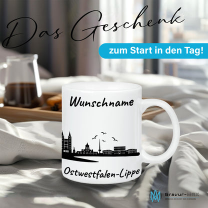 Tasse in Weiß 330ml bedruckt mit der Skyline von Ostwestfalen-Lippe personalisierbar mit Wunschname