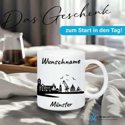 Tasse in Weiß 330ml bedruckt mit der Skyline von Münster personalisierbar mit Wunschname