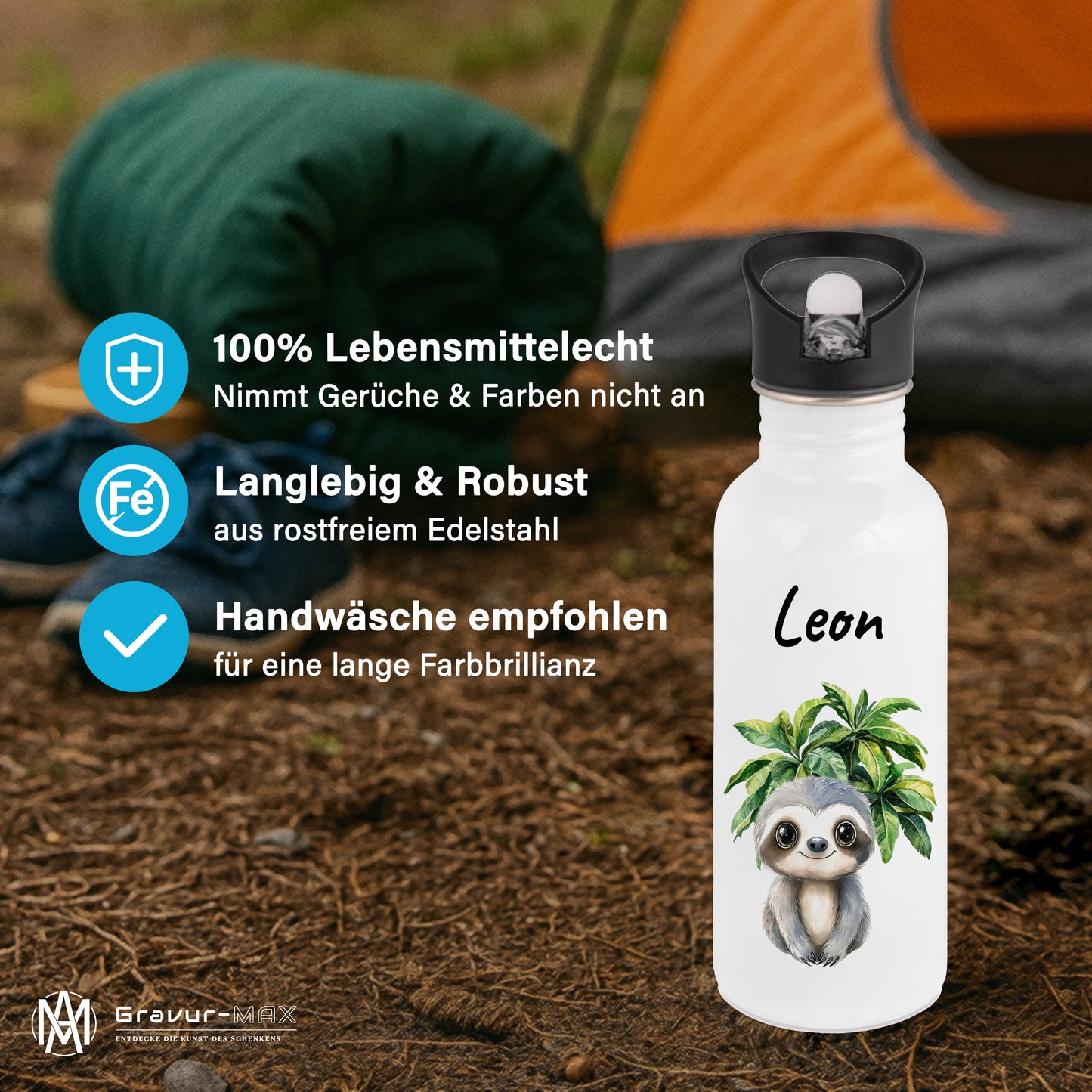 Trinkflasche mit Strohhalm in Weiß 600ml bedruckt mit Dschungel Tieren"Faultier" personalisierbar für Kinder mit Wunschname aus Edelstahl