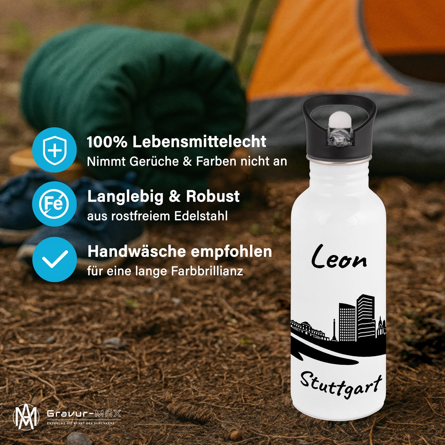 Trinkflasche in Weiß 600ml aus Edelstahl bedruckt mit der Skyline von Stuttgart personalisierbar mit Wunschname