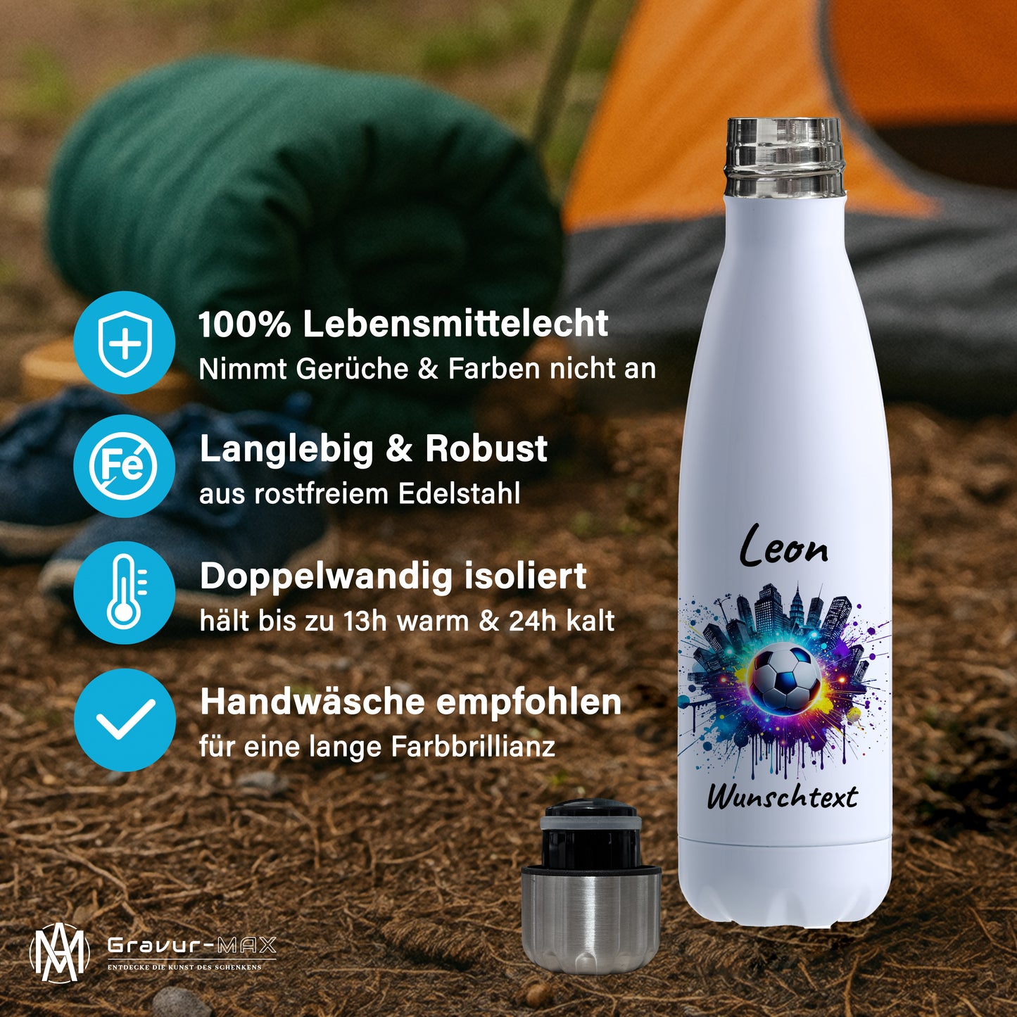 Thermoflasche 500ml in Weiß aus Edelstahl bedruckt "Fußball" Motiv7 personalisierbar mit Wunschname & Text