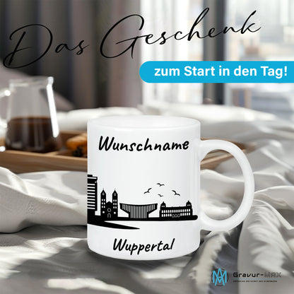 Tasse in Weiß 330ml bedruckt mit der Skyline von Wuppertal personalisierbar mit Wunschname