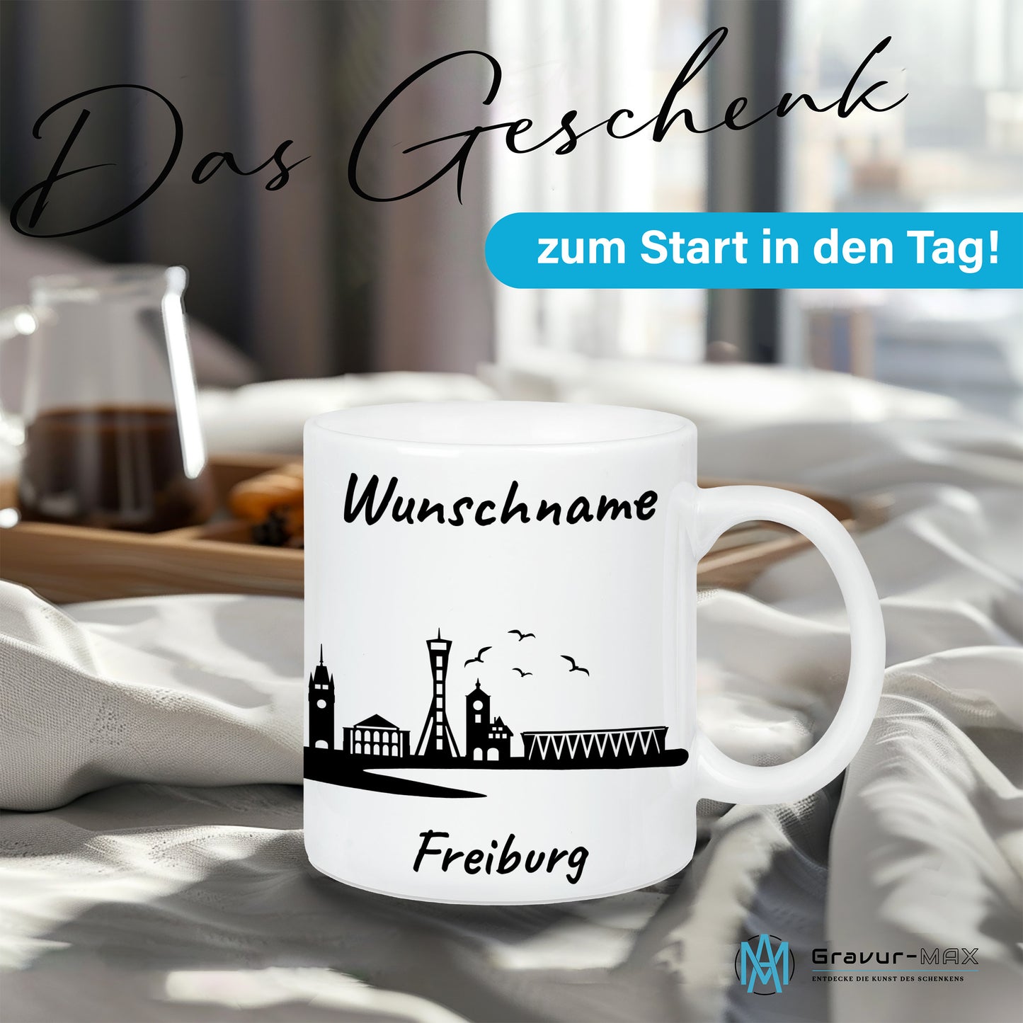 Tasse in Weiß 330ml bedruckt mit der Skyline von Freiburg personalisierbar mit Wunschname
