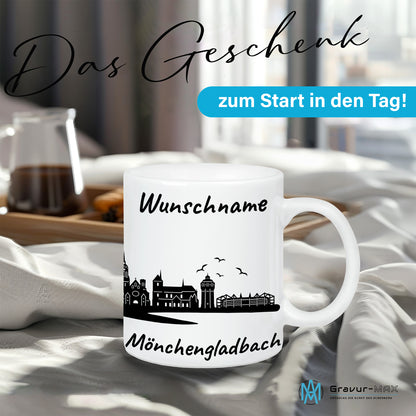 Tasse in Weiß 330ml bedruckt mit der Skyline von Mönchengladbach personalisierbar mit Wunschname