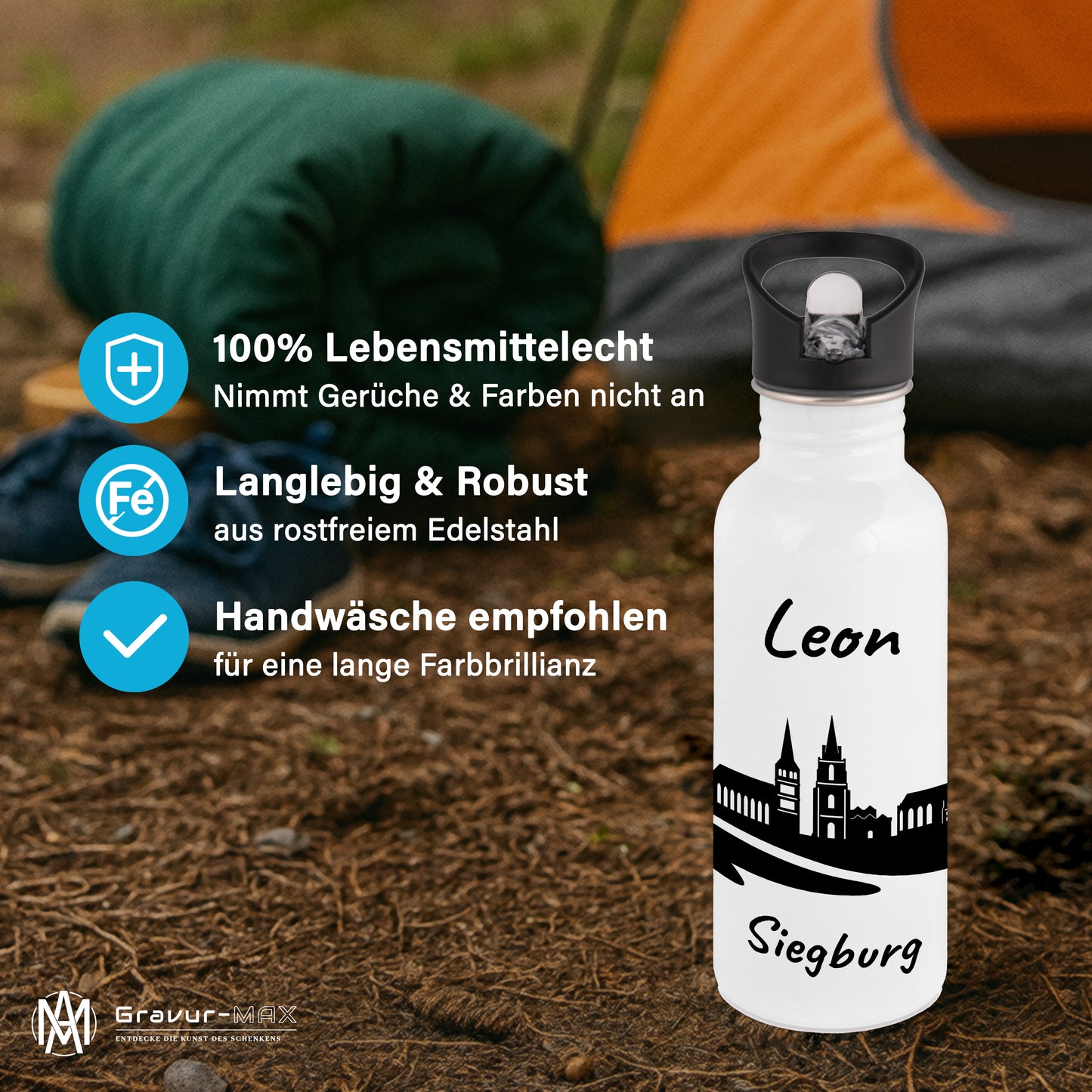 Trinkflasche in Weiß 600ml aus Edelstahl bedruckt mit der Skyline von Siegburg personalisierbar mit Wunschname