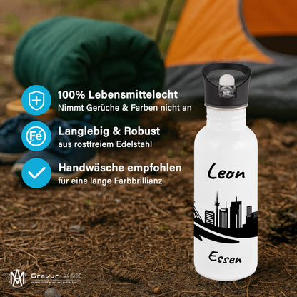 Trinkflasche in Weiß 600ml aus Edelstahl bedruckt mit der Skyline von Essen personalisierbar mit Wunschname
