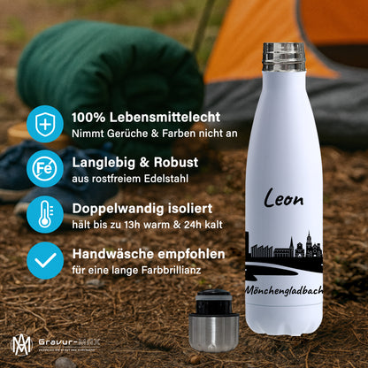 Trinkflasche in Weiß 500ml aus Edelstahl bedruckt mit der Skyline von Mönchengladbach personalisierbar mit Wunschname
