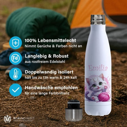 Trinkflasche in Weiß 500ml aus Edelstahl bedruckt mit niedlichen Tieren "Katze" personalisierbar für Kinder mit Wunschname