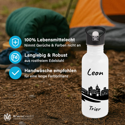 Trinkflasche in Weiß 600ml aus Edelstahl bedruckt mit der Skyline von Trier personalisierbar mit Wunschname