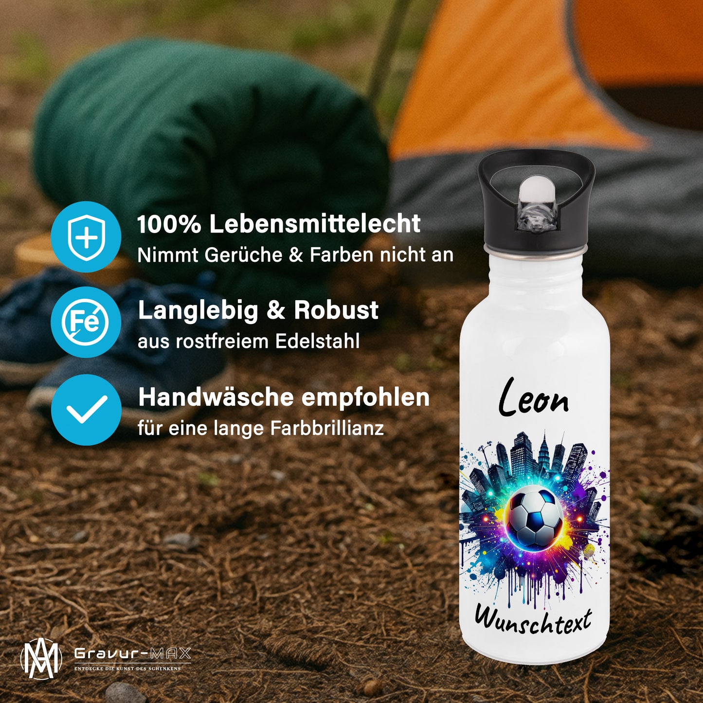 Trinkflasche mit Strohhalm in Weiß 600ml bedruckt mit Fußball Motiven"Motiv7" personalisierbar für Kinder mit Wunschname aus Edelstahl