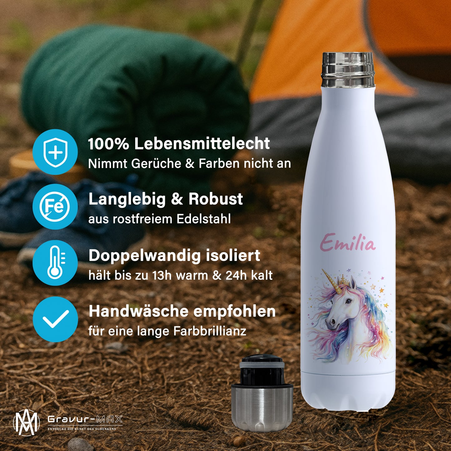 Thermoflasche 500ml in Weiß bedruckt mit tollen Motiven für Kinder "Einhorn" personalisierbar mit Wunschname