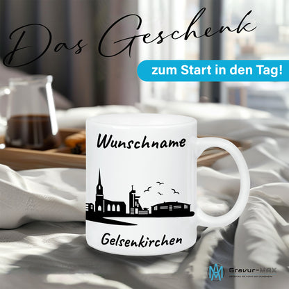 Tasse in Weiß 330ml bedruckt mit der Skyline von Gelsenkirchen personalisierbar mit Wunschname