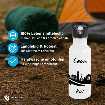 Trinkflasche in Weiß 600ml aus Edelstahl bedruckt mit der Skyline von Kiel personalisierbar mit Wunschname