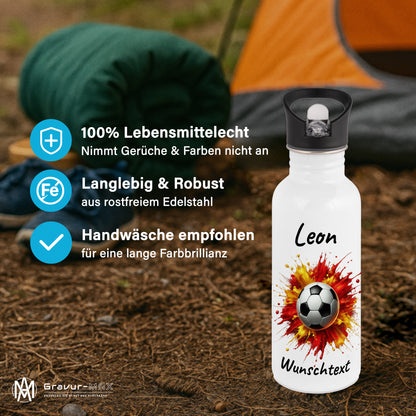 Trinkflasche mit Strohhalm in Weiß 600ml bedruckt mit Fußball Motiven"Motiv9" personalisierbar für Kinder mit Wunschname aus Edelstahl