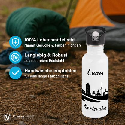 Trinkflasche in Weiß 600ml aus Edelstahl bedruckt mit der Skyline von Karlsruhe personalisierbar mit Wunschname