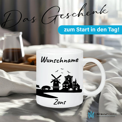 Tasse in Weiß 330ml bedruckt mit der Skyline von Zons (Dormagen) personalisierbar mit Wunschname