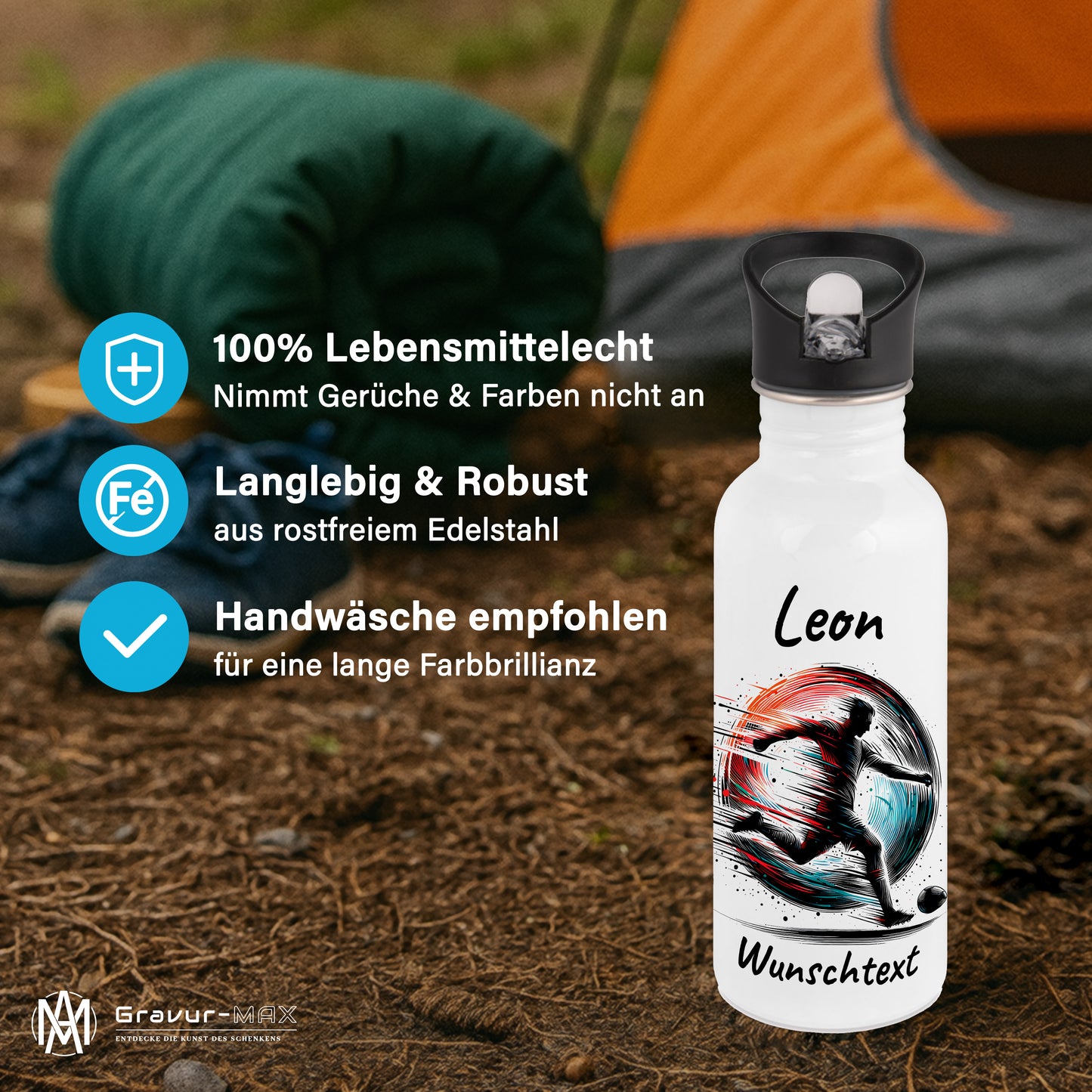 Trinkflasche mit Strohhalm in Weiß 600ml bedruckt mit Fußball Motiven"Motiv3" personalisierbar für Kinder mit Wunschname aus Edelstahl