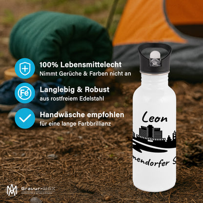 Trinkflasche in Weiß 600ml aus Edelstahl bedruckt mit der Skyline von Timmendorfer Strand personalisierbar mit Wunschname