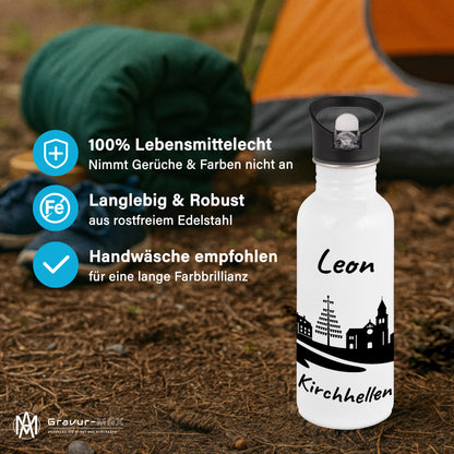 Trinkflasche in Weiß 600ml aus Edelstahl bedruckt mit der Skyline von Kirchhellen personalisierbar mit Wunschname