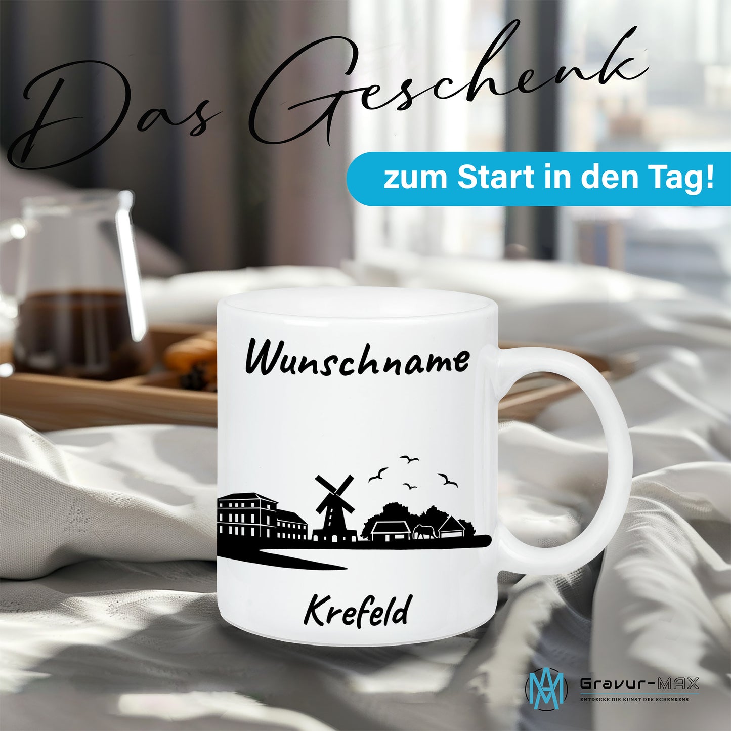 Tasse in Weiß 330ml bedruckt mit der Skyline von Krefeld personalisierbar mit Wunschname