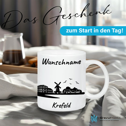 Tasse in Weiß 330ml bedruckt mit der Skyline von Krefeld personalisierbar mit Wunschname