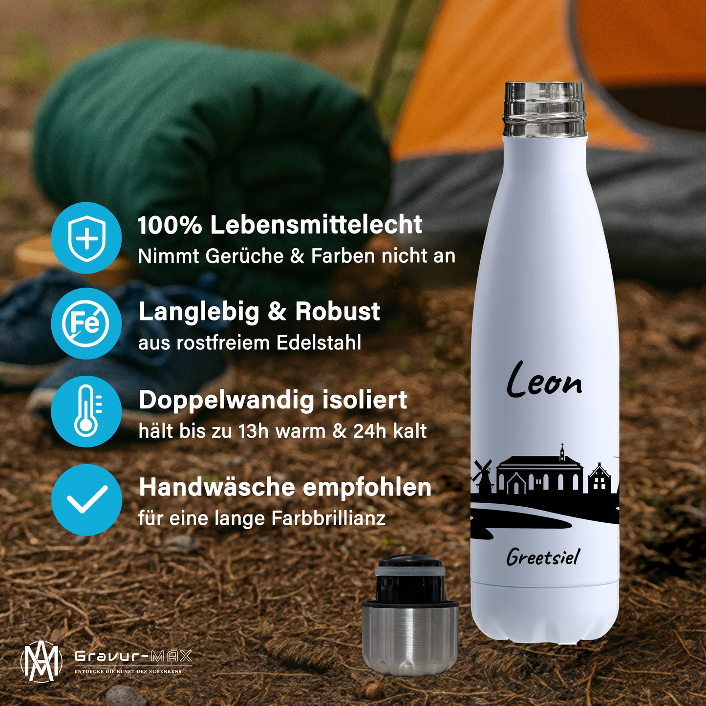 Trinkflasche in Weiß 500ml aus Edelstahl bedruckt mit der Skyline von Greetsiel personalisierbar mit Wunschname