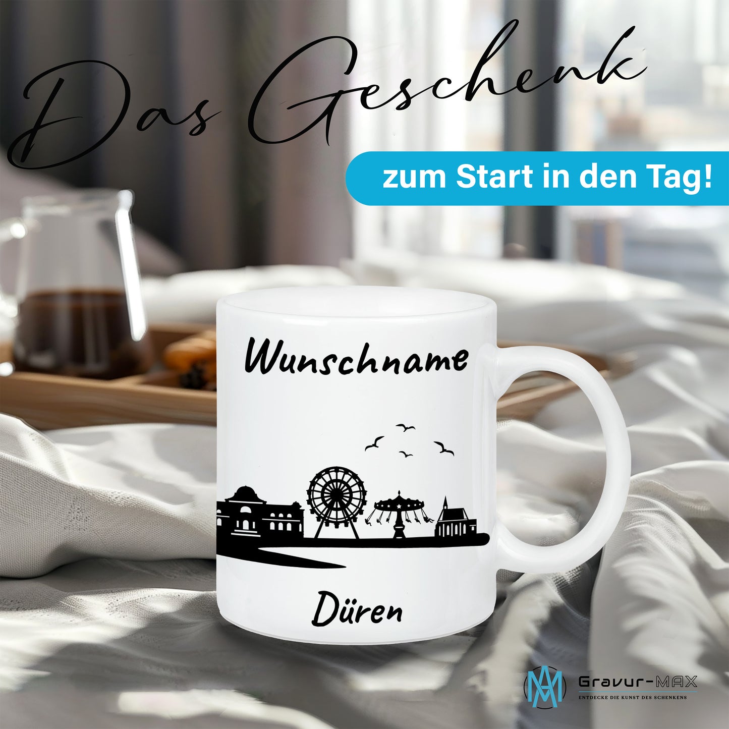 Tasse in Weiß 330ml bedruckt mit der Skyline von Düren personalisierbar mit Wunschname