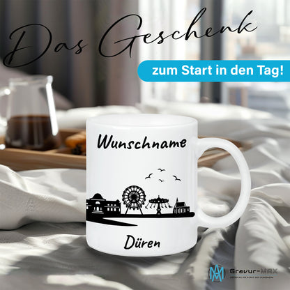 Tasse in Weiß 330ml bedruckt mit der Skyline von Düren personalisierbar mit Wunschname