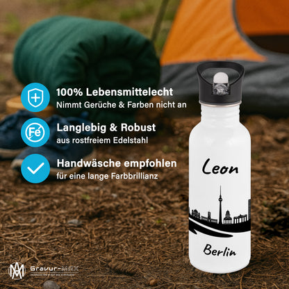 Trinkflasche in Weiß 600ml aus Edelstahl bedruckt mit der Skyline von Berlin personalisierbar mit Wunschname