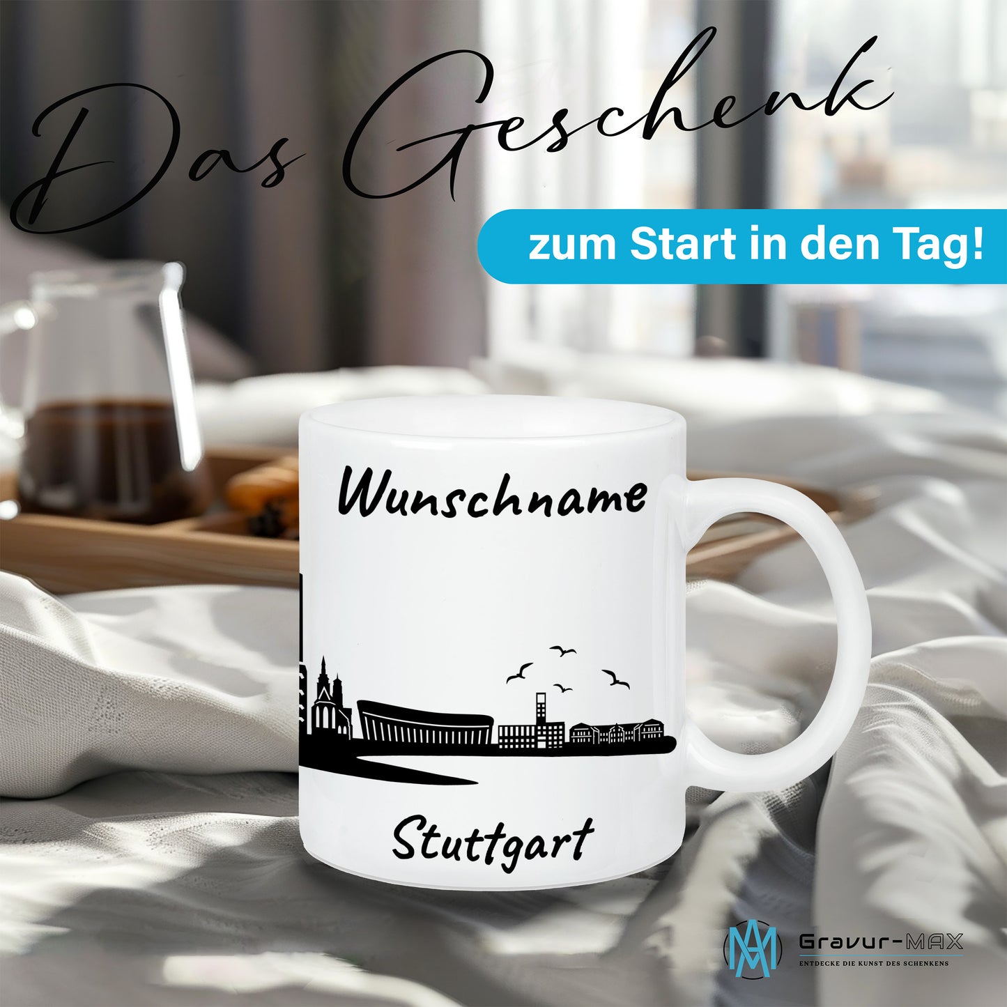 Tasse in Weiß 330ml bedruckt mit der Skyline von Stuttgart personalisierbar mit Wunschname