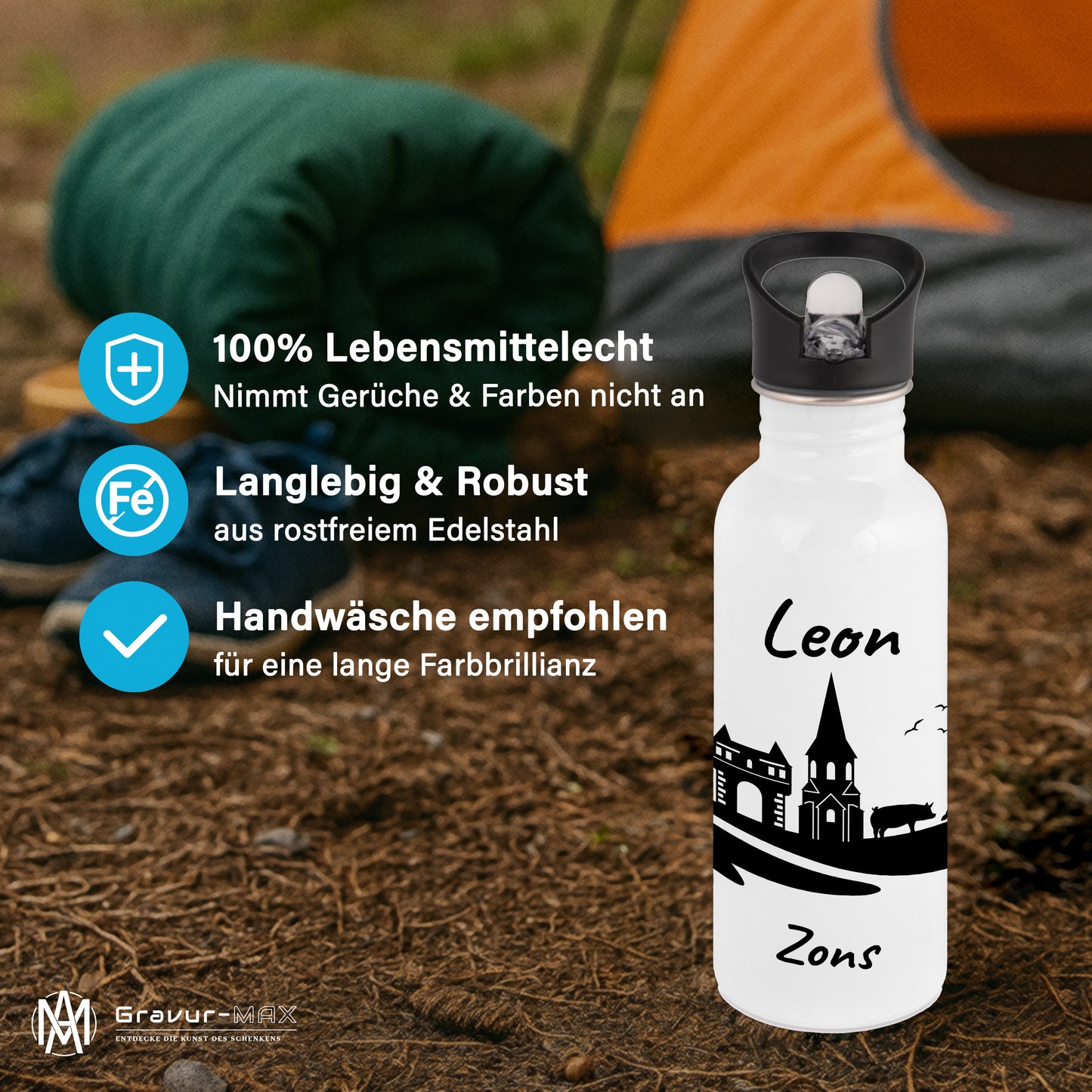 Trinkflasche in Weiß 600ml aus Edelstahl bedruckt mit der Skyline von Zons (Dormagen) personalisierbar mit Wunschname