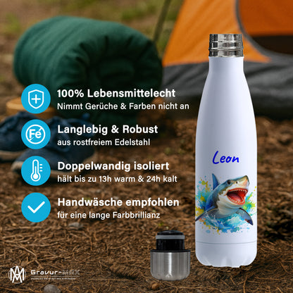 Thermoflasche 500ml in Weiß bedruckt mit tollen Motiven für Kinder "Hai" personalisierbar mit Wunschname