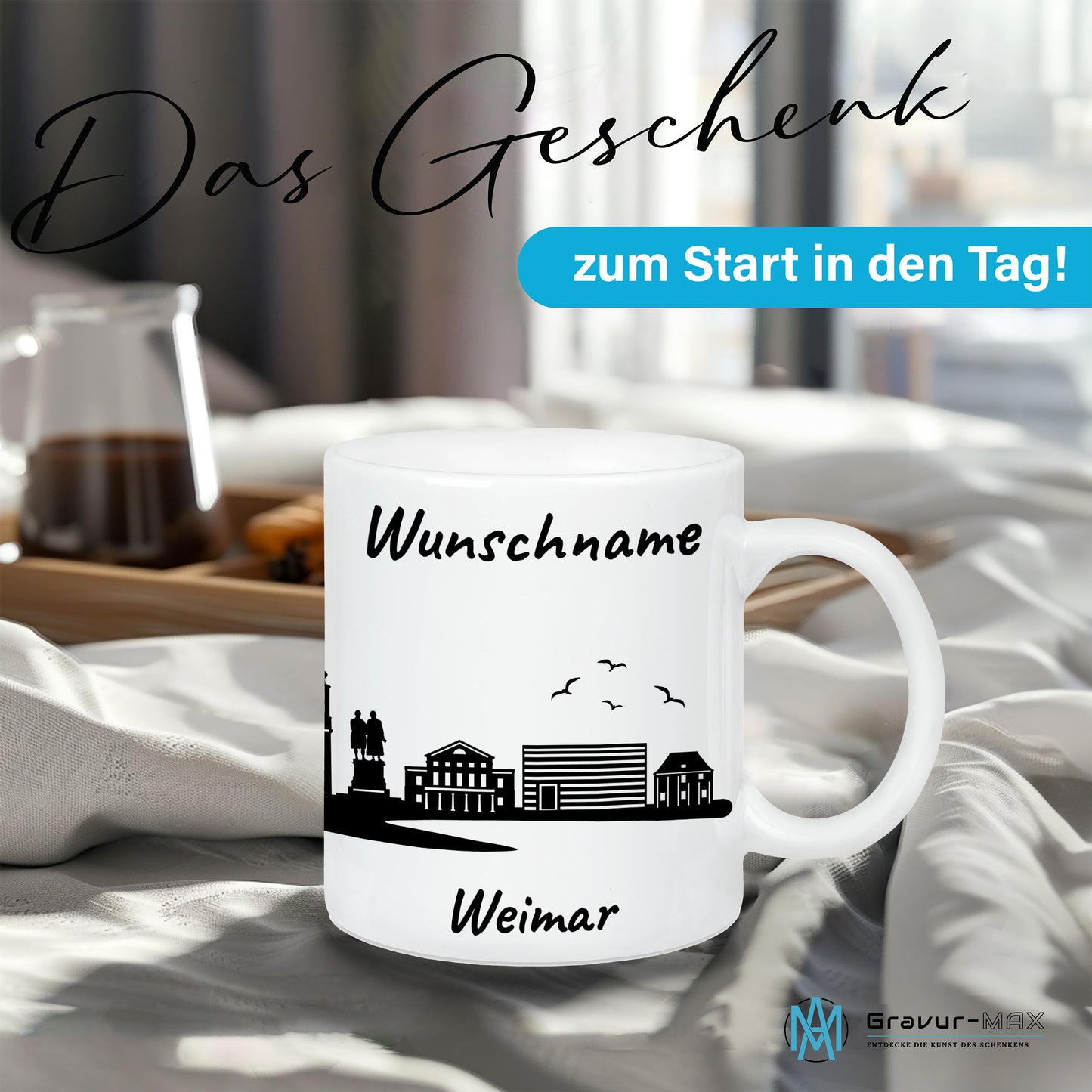Tasse in Weiß 330ml bedruckt mit der Skyline von Weimar personalisierbar mit Wunschname