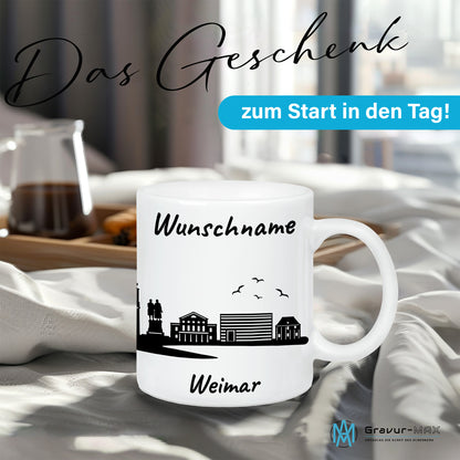 Tasse in Weiß 330ml bedruckt mit der Skyline von Weimar personalisierbar mit Wunschname