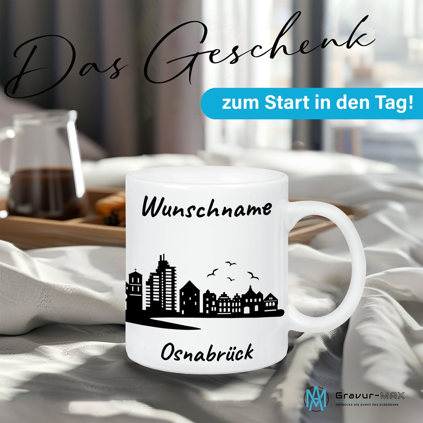 Tasse in Weiß 330ml bedruckt mit der Skyline von Osnabrück personalisierbar mit Wunschname